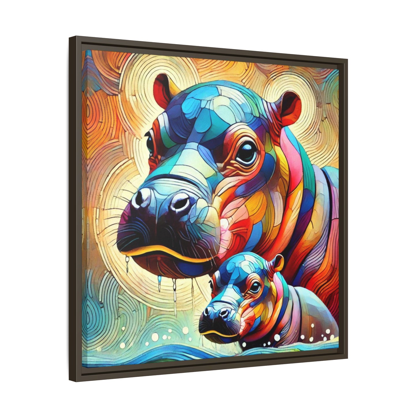 Modern Hippo Print Abstract Design Unique Framed Canvas Print Baby Hippo Wall Art Animal Lover Gift Nature Lover Decor 3 frame colors