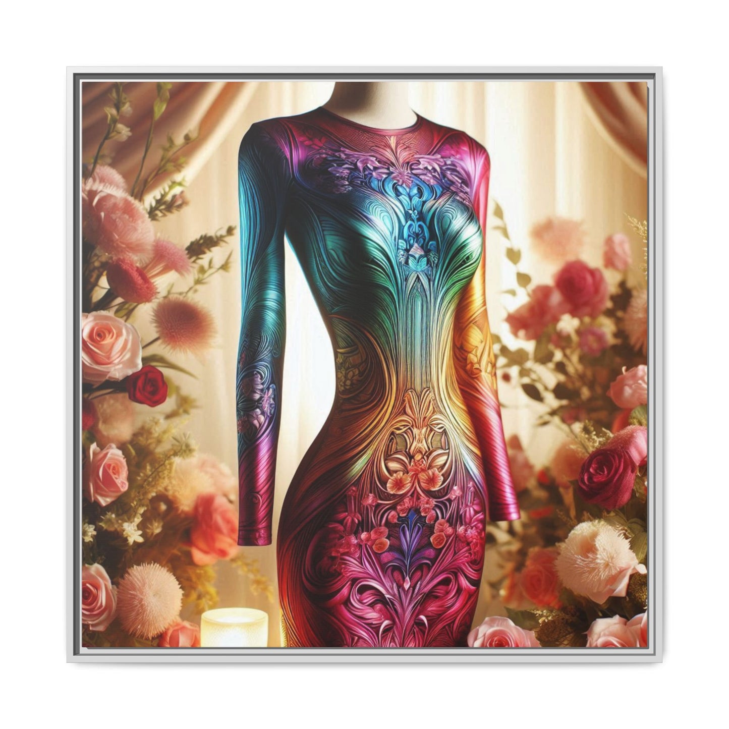 Futuristic Bodycon Runway Dress Framed Canvas Print Wall Art Unique Fashion Designer Style Haute Couture Fashionista Gift 3 Frame Colors