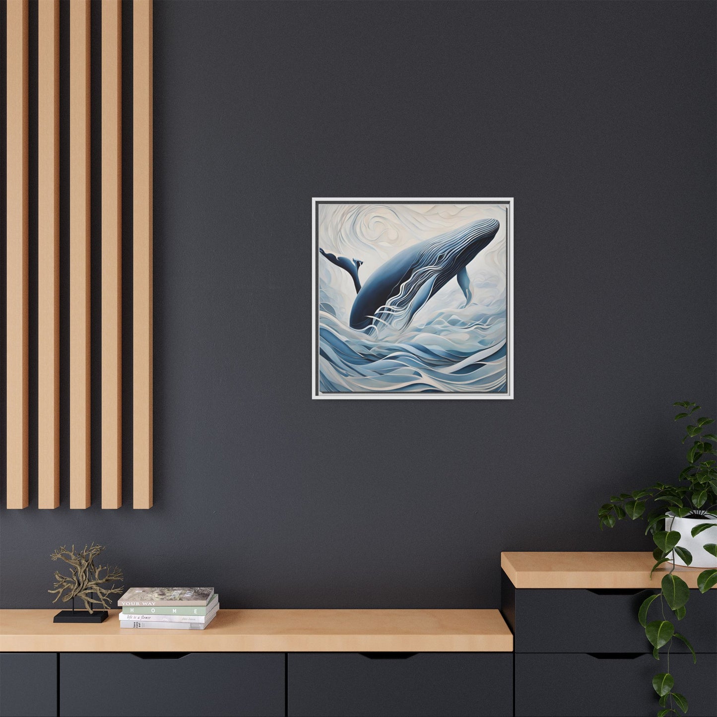 Modern Abstract Whale Wave Design Unique Framed Canvas Wall Art Ocean Beach Gift Nature Lover Gift Underwater Sea Lover Gift 3 frame colors