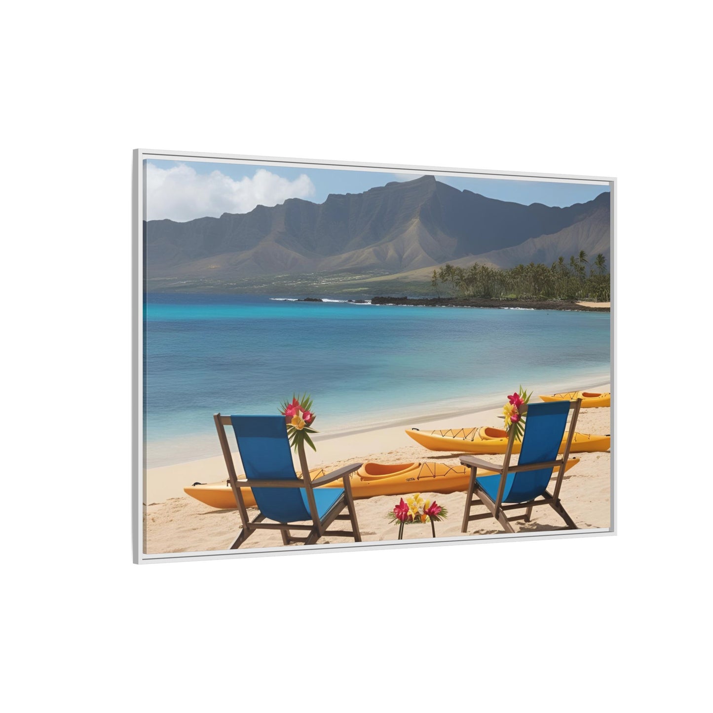 Chairs on the Beach Print Unique Framed Canvas Print Wall Art Gift Beachy Nature Lover Ocean Waves Hawaiian Vacation Decor 3 frame colors