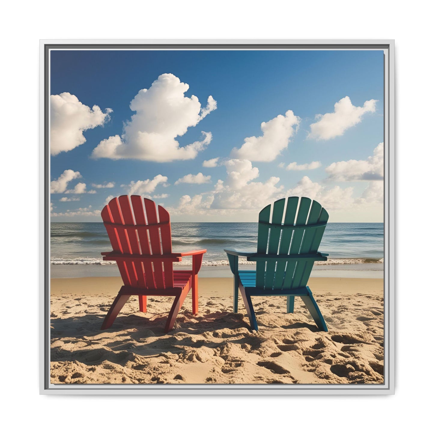 Chairs on the Beach Calm Sunny Day Framed Canvas Wall Art Beach Lover Vacation Oceanic Gift Nature Lover Peaceful Zen Gift 3 frame colors