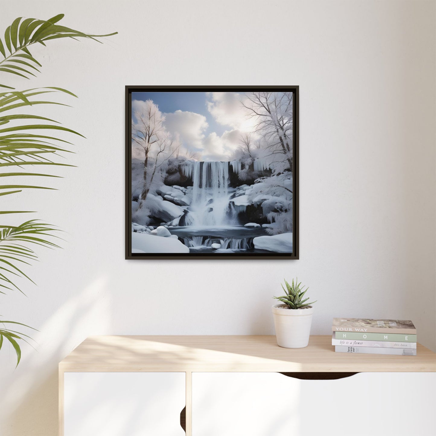 Modern Snowy Waterfall Design Unique Framed Canvas Wall Art Winter Scene Nature Lover Gift Mountain Landscape Decor Gift 3 frame colors