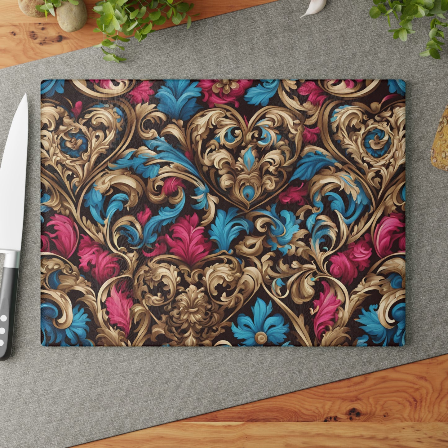 Kitchen Decor Glass Cutting Board Serving Tray with Heart Design Retro Damask Pattern Cutting Board Gift for Home Cook Charcuterie Board