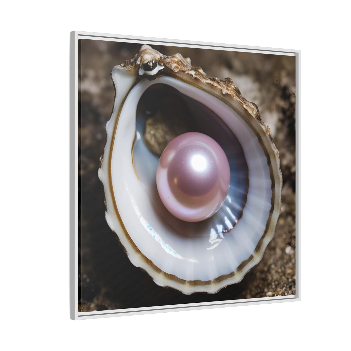 Pink Pearl in Oyster Shell Framed Canvas Wall Art Beach Lover Vacation Oceanic Gift Nature Lover Peaceful Zen Gift 3 frame colors