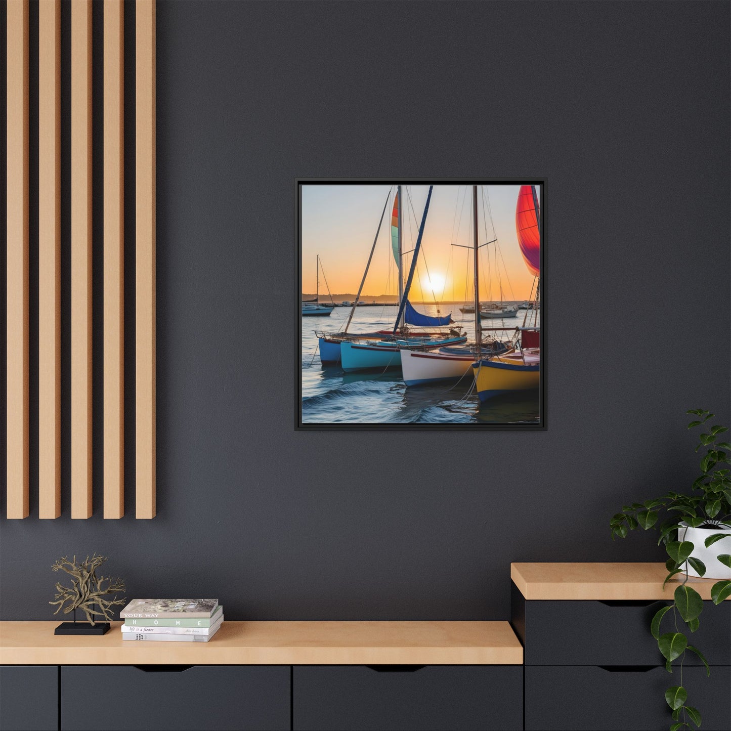 Sailboats at Sunset in Harbor Framed Canvas Wall Art Beach Lover Vacation Oceanic Gift Nature Lover Peaceful Zen Sunrise Art 3 frame colors