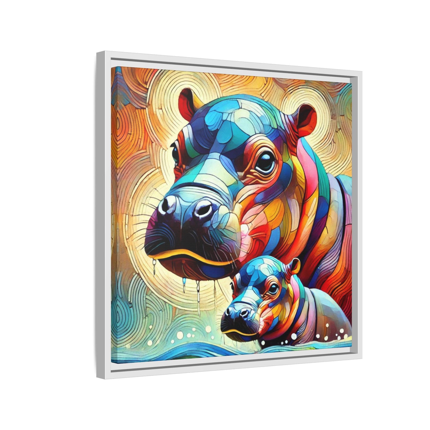Modern Hippo Print Abstract Design Unique Framed Canvas Print Baby Hippo Wall Art Animal Lover Gift Nature Lover Decor 3 frame colors