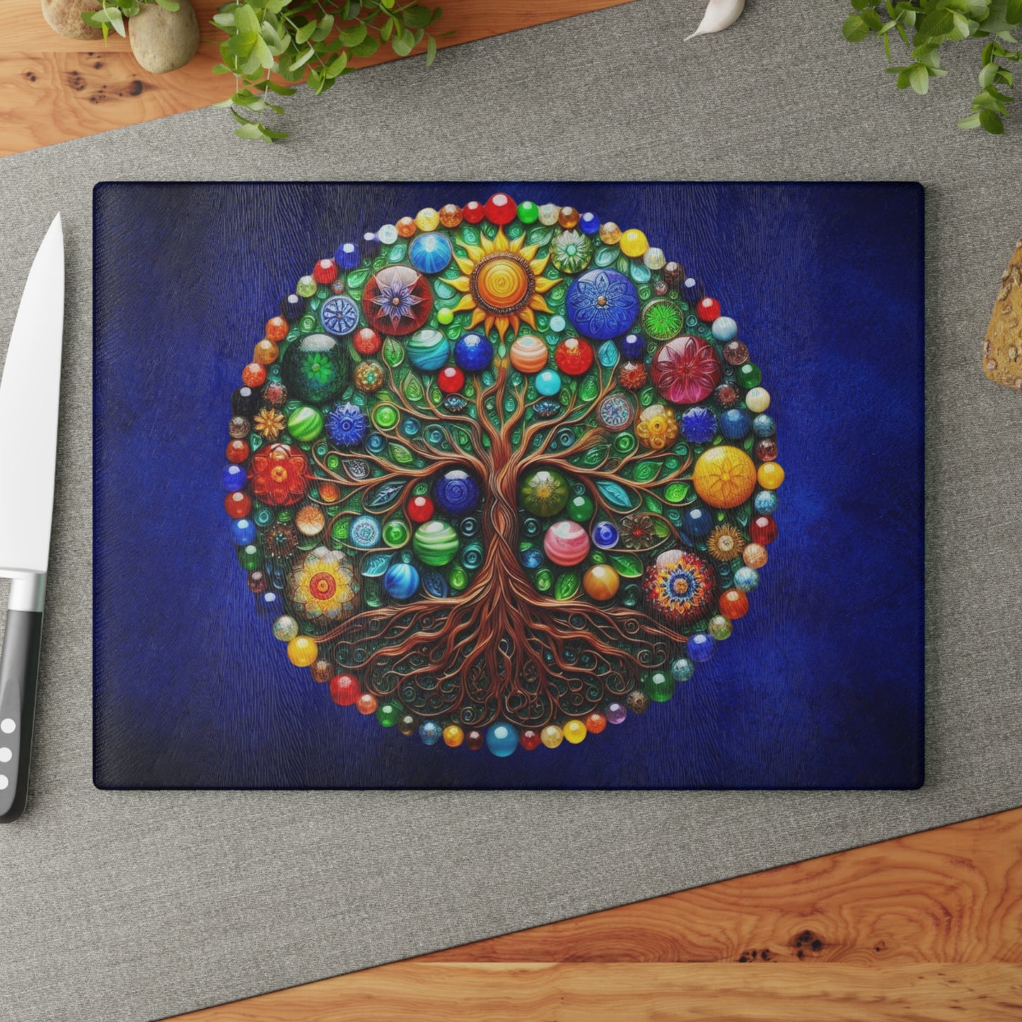 Kitchen Decor Glass Cutting Board Serving Tray with Tree of Life Design Cutting Board Gift for Home Cook Glass Charcuterie Board