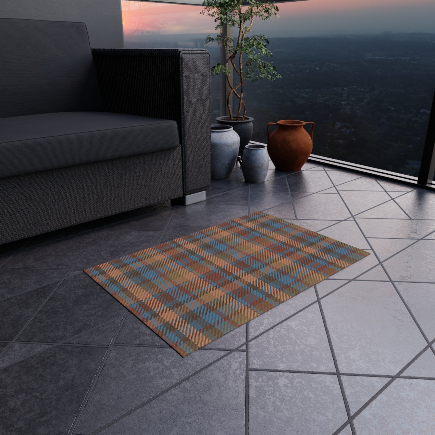 Checker Pattern Chenille Outdoor Rug with No-Skid Backing Cozy Outdoor Carpet Patio Decor Gazebo Rug Pool Area Decor Outdoor Kitchen Carpet