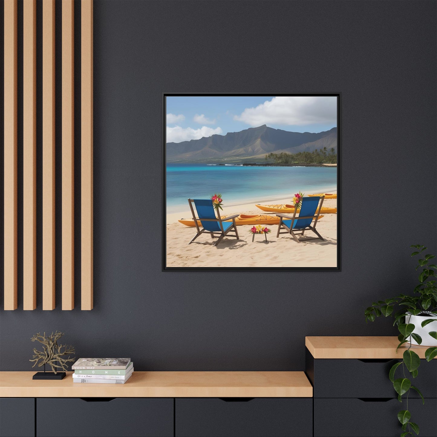 Chairs on the Beach Calm Sunny Day Framed Canvas Wall Art Beach Lover Vacation Oceanic Gift Nature Lover Peaceful Zen Gift 3 frame colors