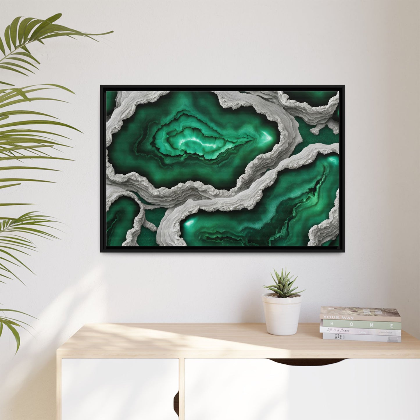 Emerald Green Quartz Crystal Geode Design Print Matte Canvas Wall Art Nature Lover Gift Geology Rock Lover Gift 3 frame color choices