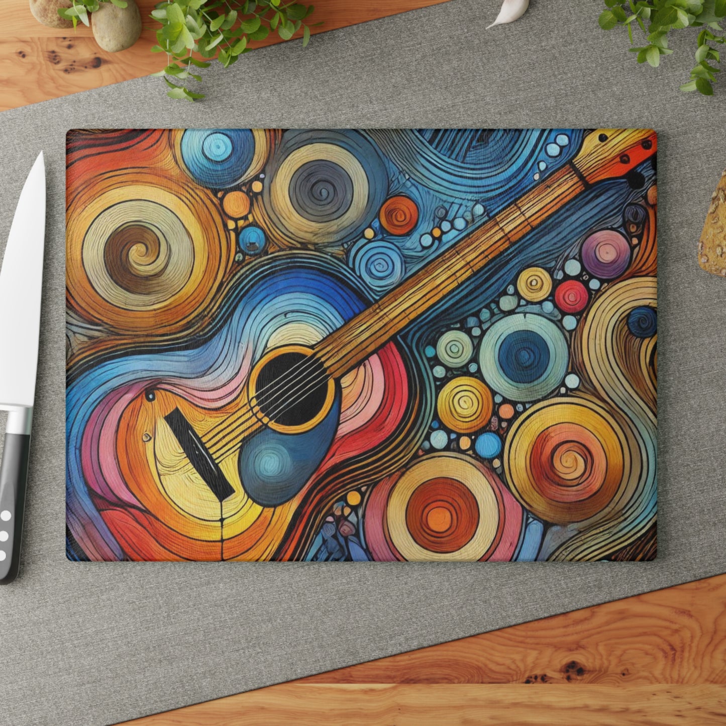 Kitchen Decor Glass Cutting Board Serving Tray with Guitar Design Cutting Board Gift for Home Cook Fun Music Lover Charcuterie Board