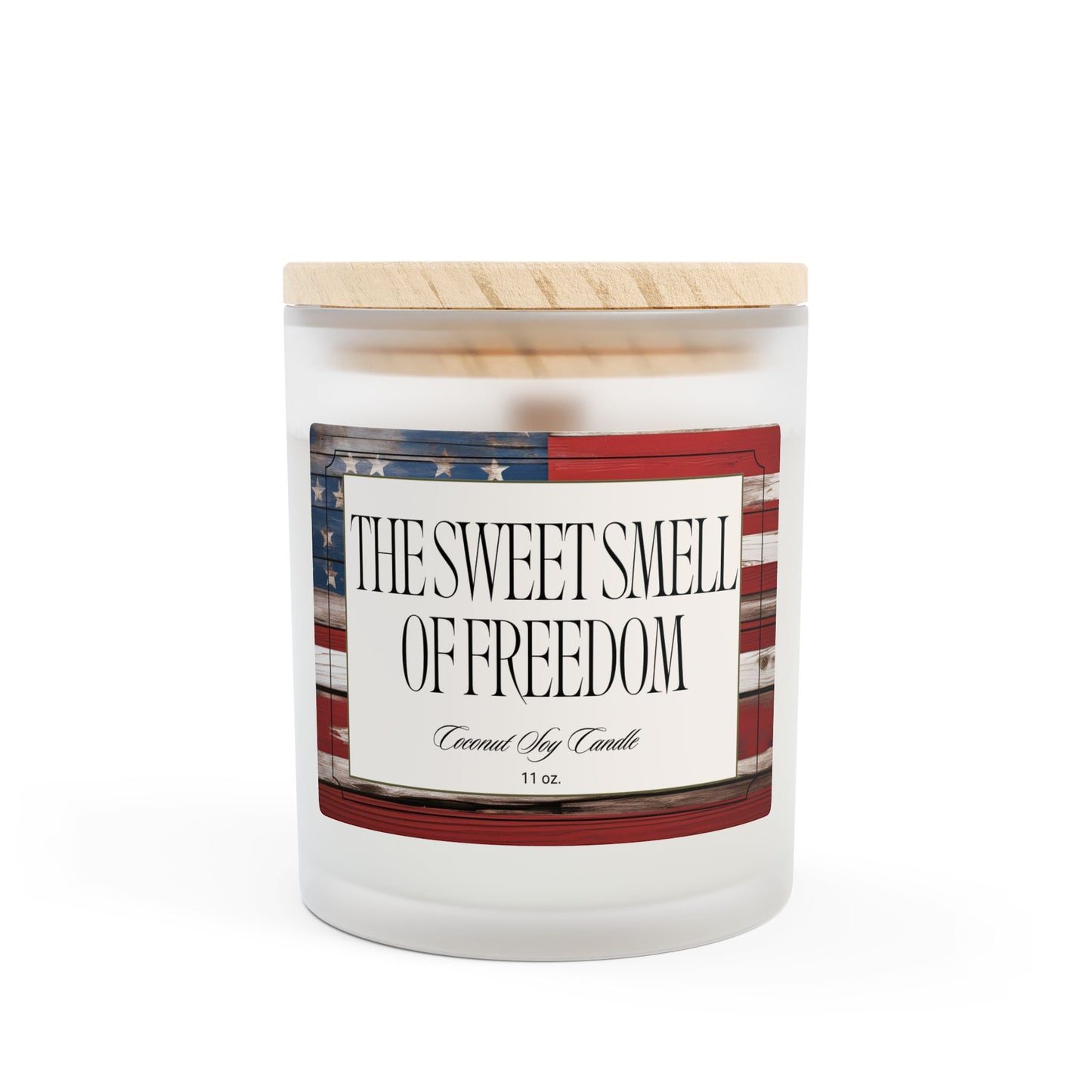 Artisanal Coconut Soy Frosted Glass Candle with Wooden Wick and Raw Maple Lid 11 oz Hand Poured Patriotic Flag Candle Americana Gift