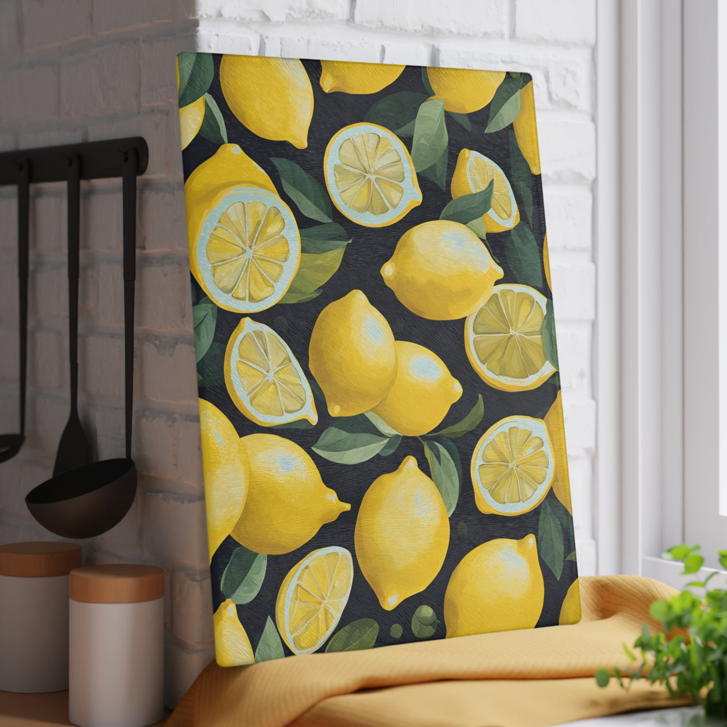 Kitchen Decor Glass Cutting Board Serving Tray with Lemons Pattern Cutting Board Gift for Home Cook Charcuterie Board