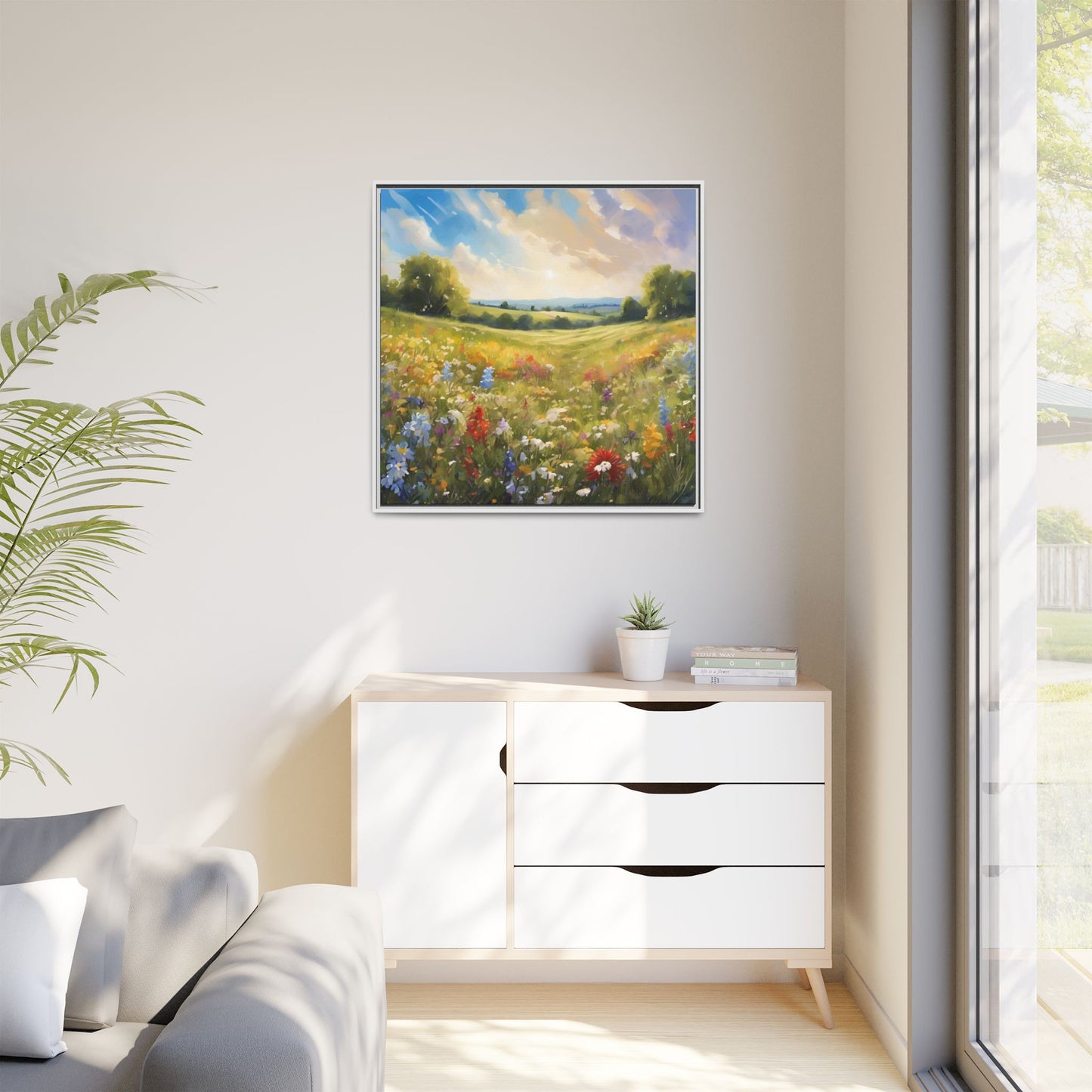 Modern Filed of Flowers Design Unique Framed Canvas Wall Art Gift Nature Lover Landscape Decor Gift 3 frame colors