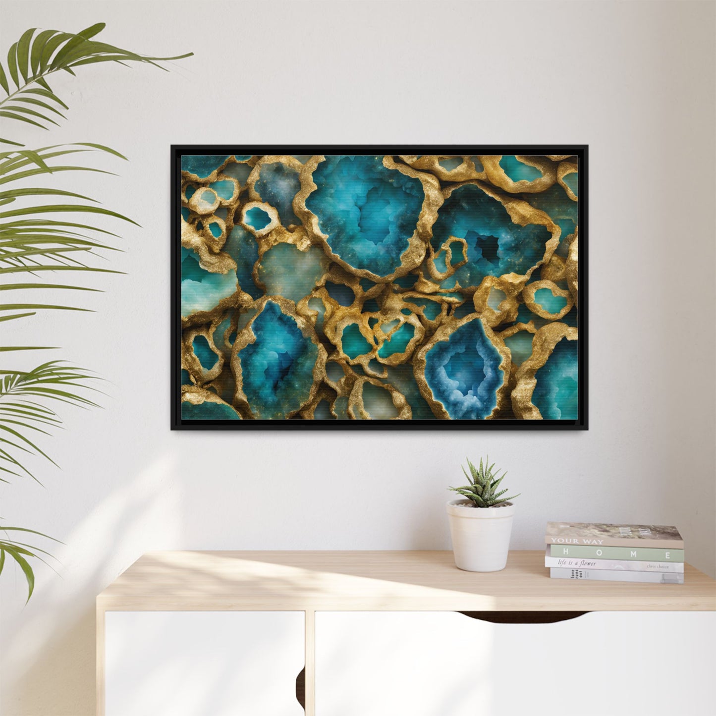 Blue, Green and Gold Quartz Crystal Geode Design Print Matte Canvas Wall Art Nature Lover Gift Geology Rock Lover Gift 3 frame color choices