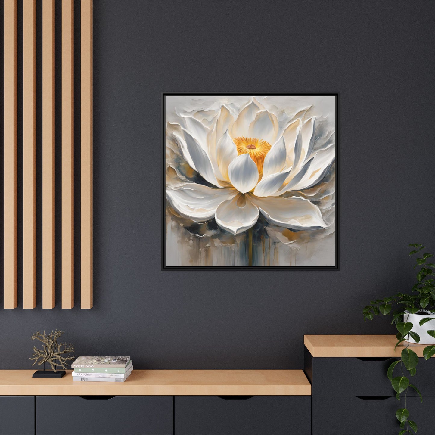 Modern Abstract Floral Design Unique Framed Canvas Wall Art White Lotus Gift Nature Lover Gift Garden Lover Gift 3 frame colors