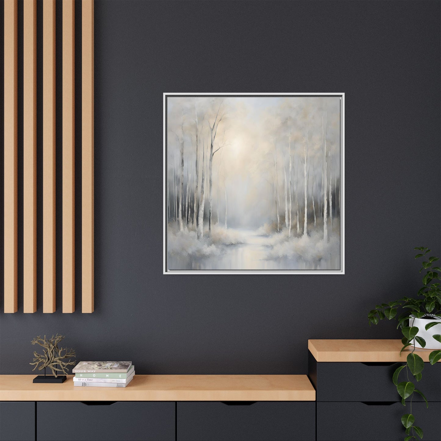 Modern Abstract White Forest Design Unique Framed Canvas Wall Art Ocean Beach Gift Nature Lover Gift 3 frame colors