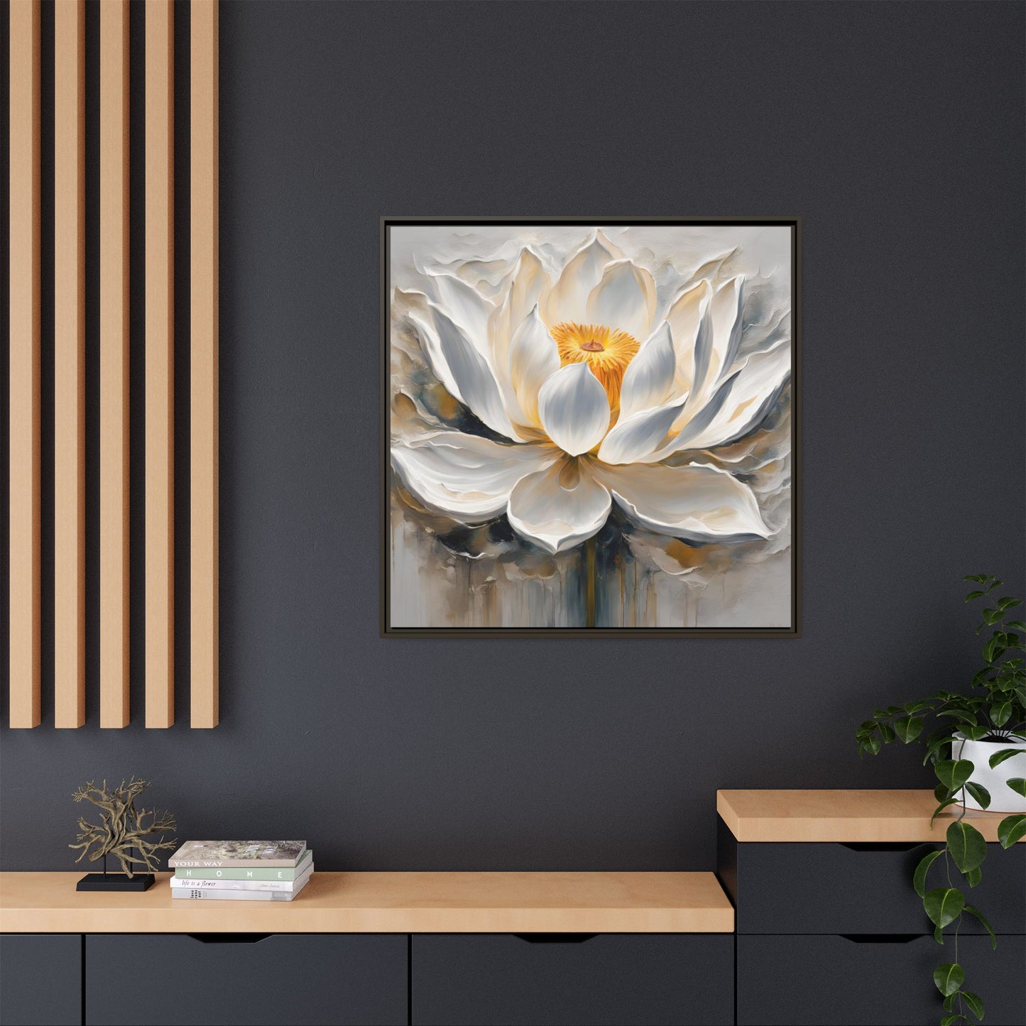 Modern Abstract Floral Design Unique Framed Canvas Wall Art White Lotus Gift Nature Lover Gift Garden Lover Gift 3 frame colors