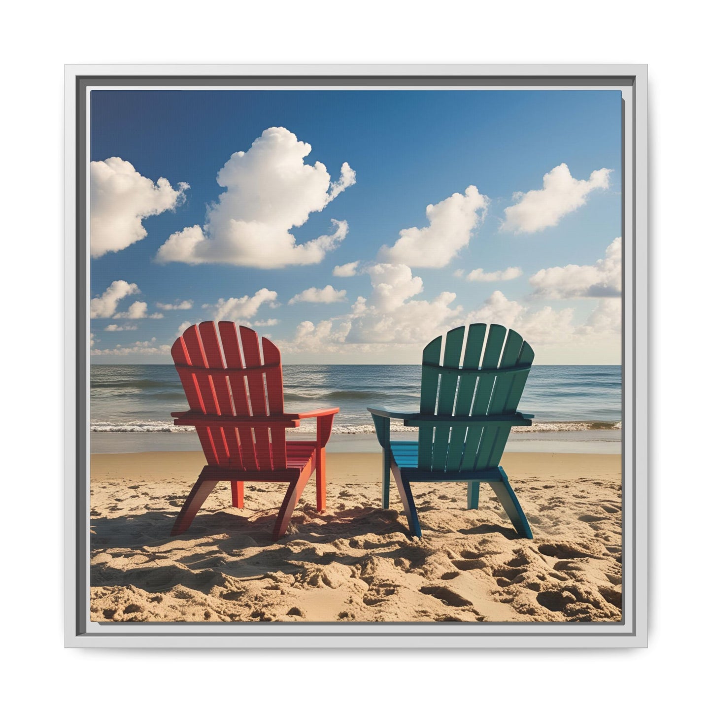 Chairs on the Beach Calm Sunny Day Framed Canvas Wall Art Beach Lover Vacation Oceanic Gift Nature Lover Peaceful Zen Gift 3 frame colors