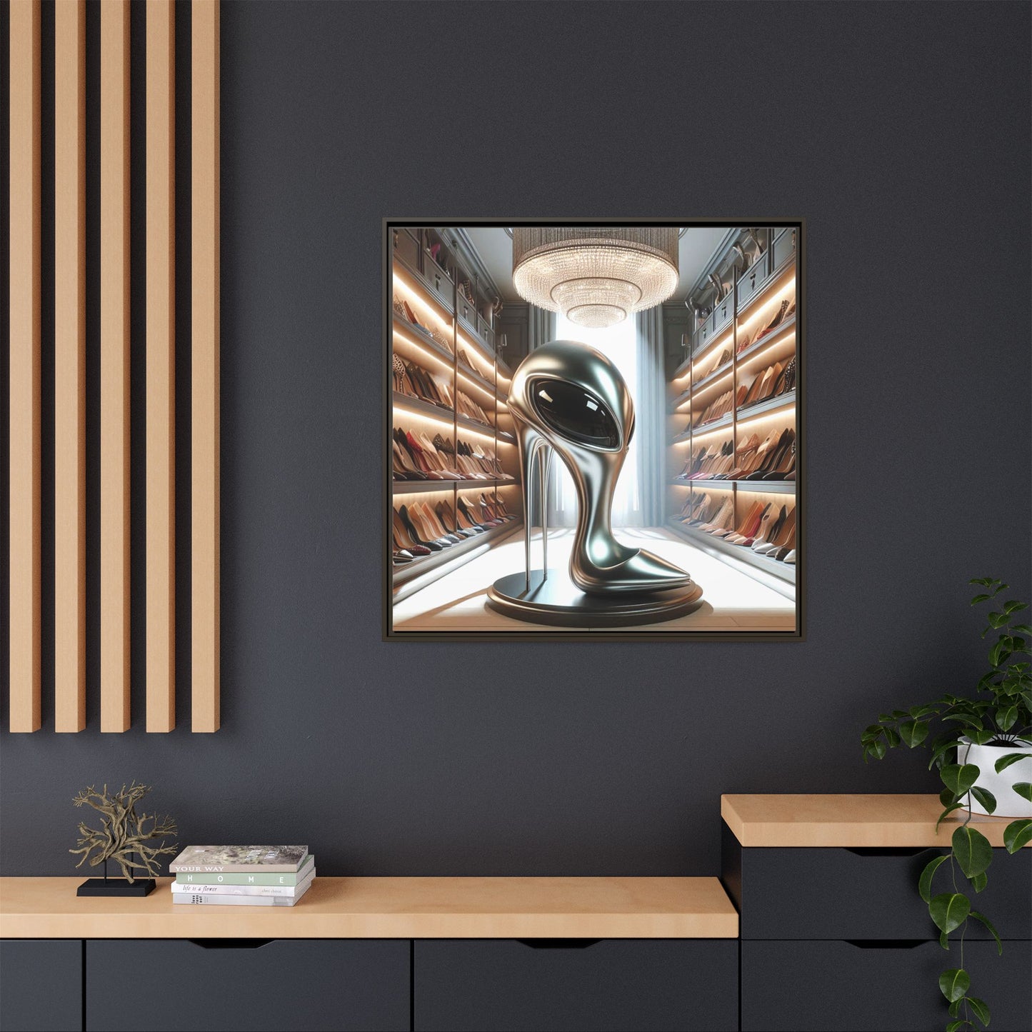 Alien High Heel Shoe Framed Canvas Print Wall Art Unique Fashion Designer Style Haute Couture Shoe Lover Fashionista Decor 3 Frame Colors