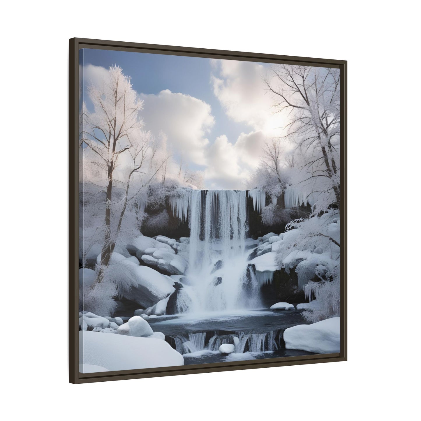 Modern Snowy Waterfall Design Unique Framed Canvas Wall Art Winter Scene Nature Lover Gift Mountain Landscape Decor Gift 3 frame colors