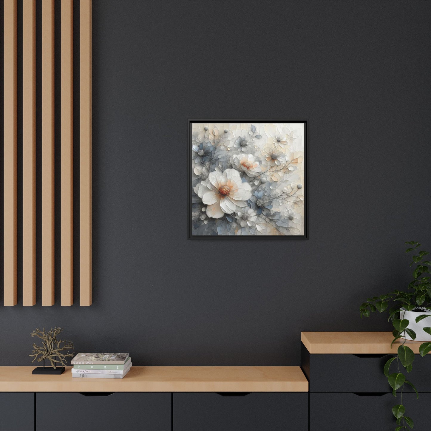 Modern Grey and White Floral Design Unique Framed Canvas Wall Art Flower Lover Gift Nature Lover Gift 3 frame colors