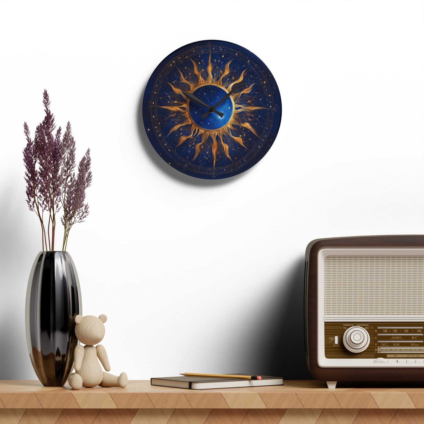 Boho Celestial Design Acrylic Office Clock Unique Colorful Wall Clock for Kitchen or Living Room Astrological Blue Moon Gift