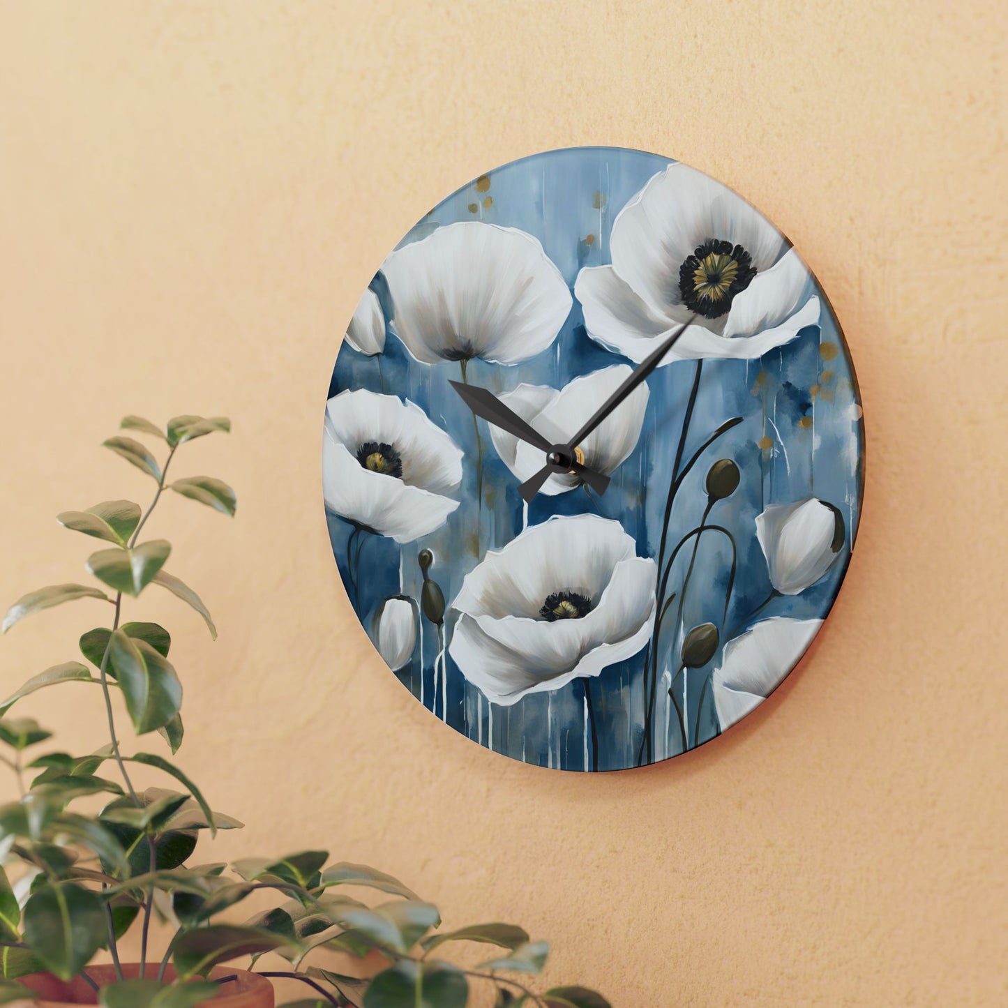 Floral Design Acrylic Clock Unique Colorful Wall Clock for Kitchen or Living Room Nature Lover Field of Flowers Gardener Gift