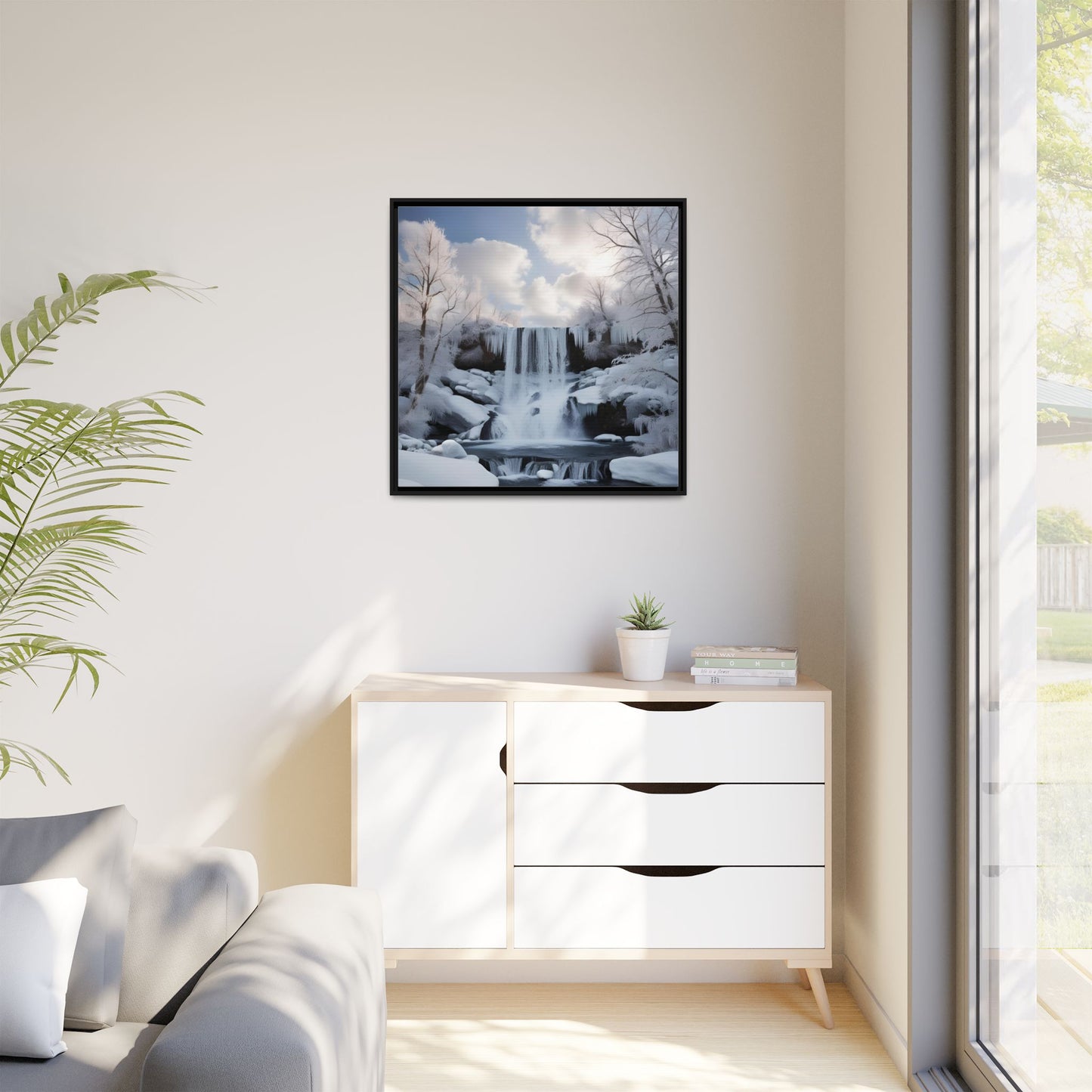 Modern Snowy Waterfall Design Unique Framed Canvas Wall Art Winter Scene Nature Lover Gift Mountain Landscape Decor Gift 3 frame colors