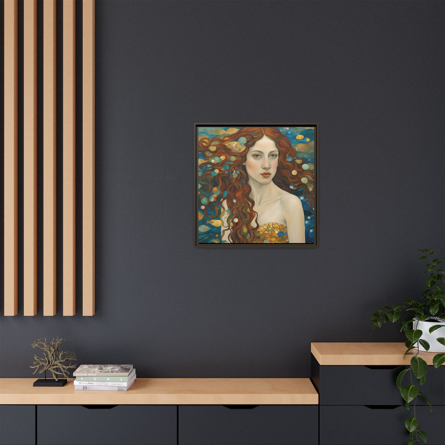 Modern Abstract Mermaid Design Unique Framed Canvas Oceanic Wall Art Underwater Gold Fish Anime Gift Nature Lover Gift 3 frame colors
