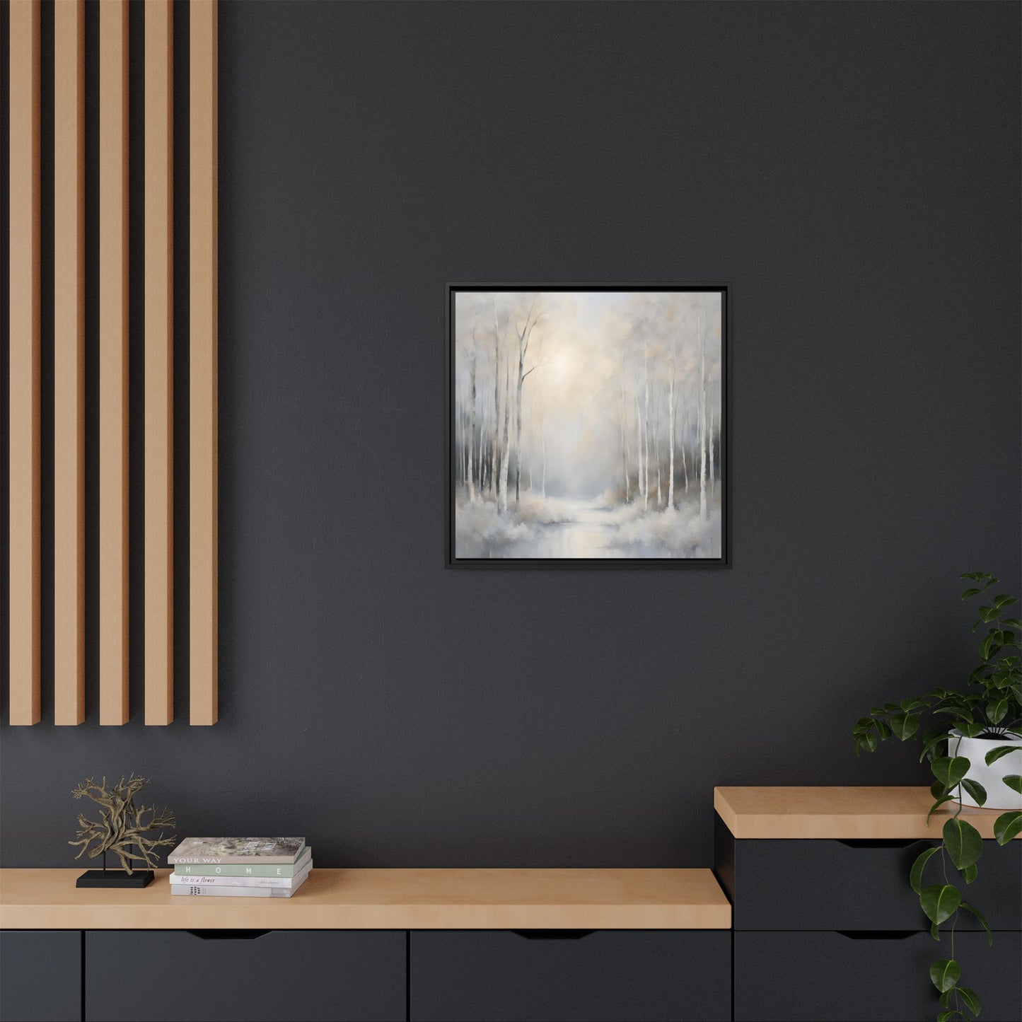 Modern Abstract White Forest Design Unique Framed Canvas Wall Art Ocean Beach Gift Nature Lover Gift 3 frame colors