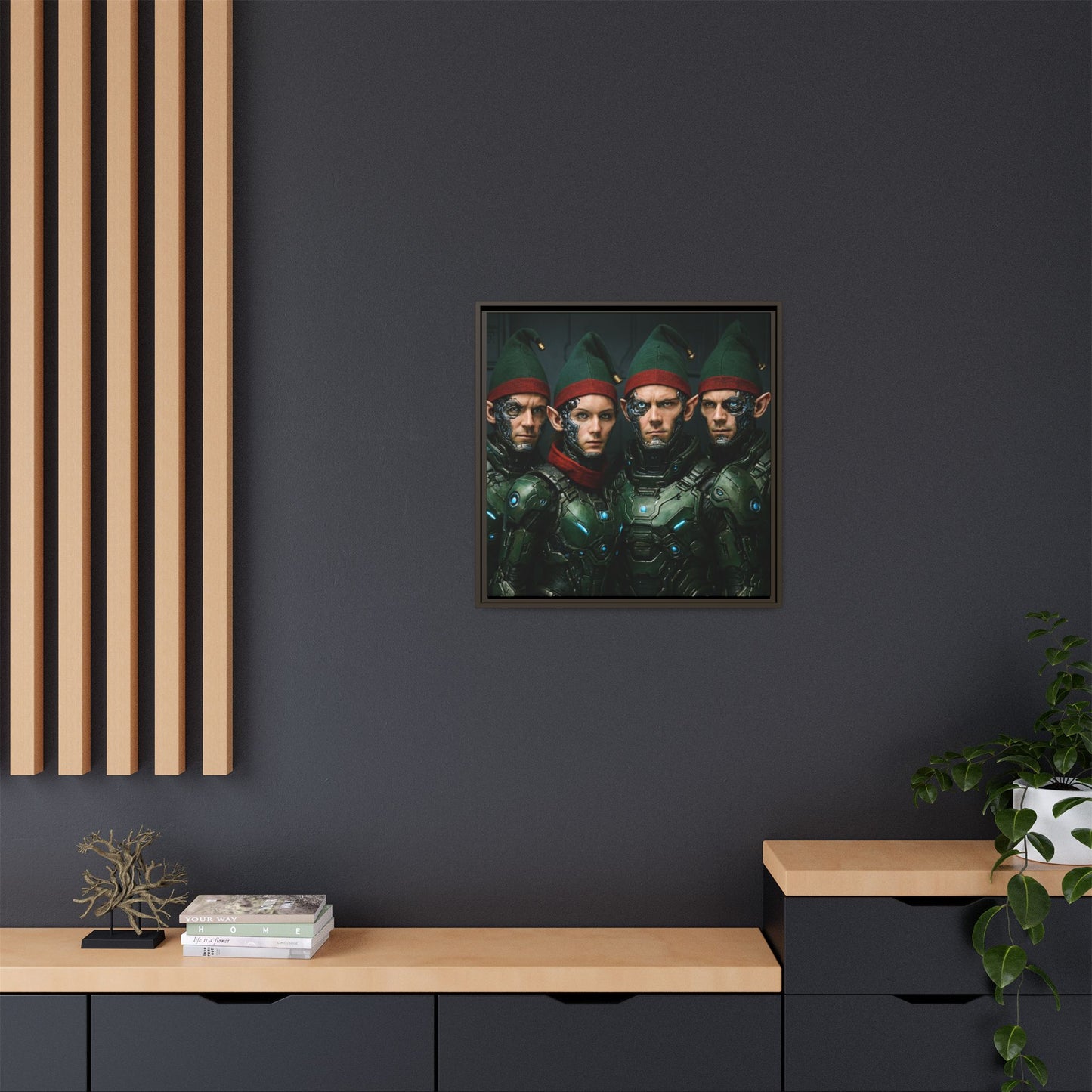 Cyber-Elves Print Modern AI Elf Design Unique Framed Canvas Sci-Fi Print Funny Christmas Elf Wall Art Gamer Gift Decor 3 frame colors