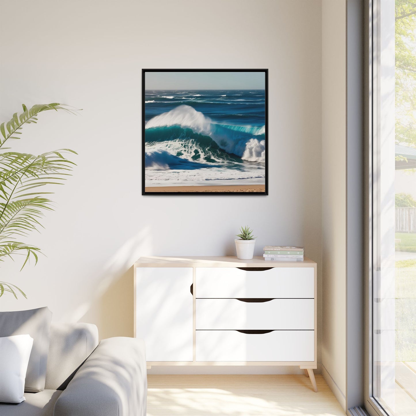 Peaceful Ocean Waves at the Beach Calm Sunny Day Framed Canvas Wall Art Vacation Oceanic Gift Nature Lover Zen Decor Gift 3 frame colors