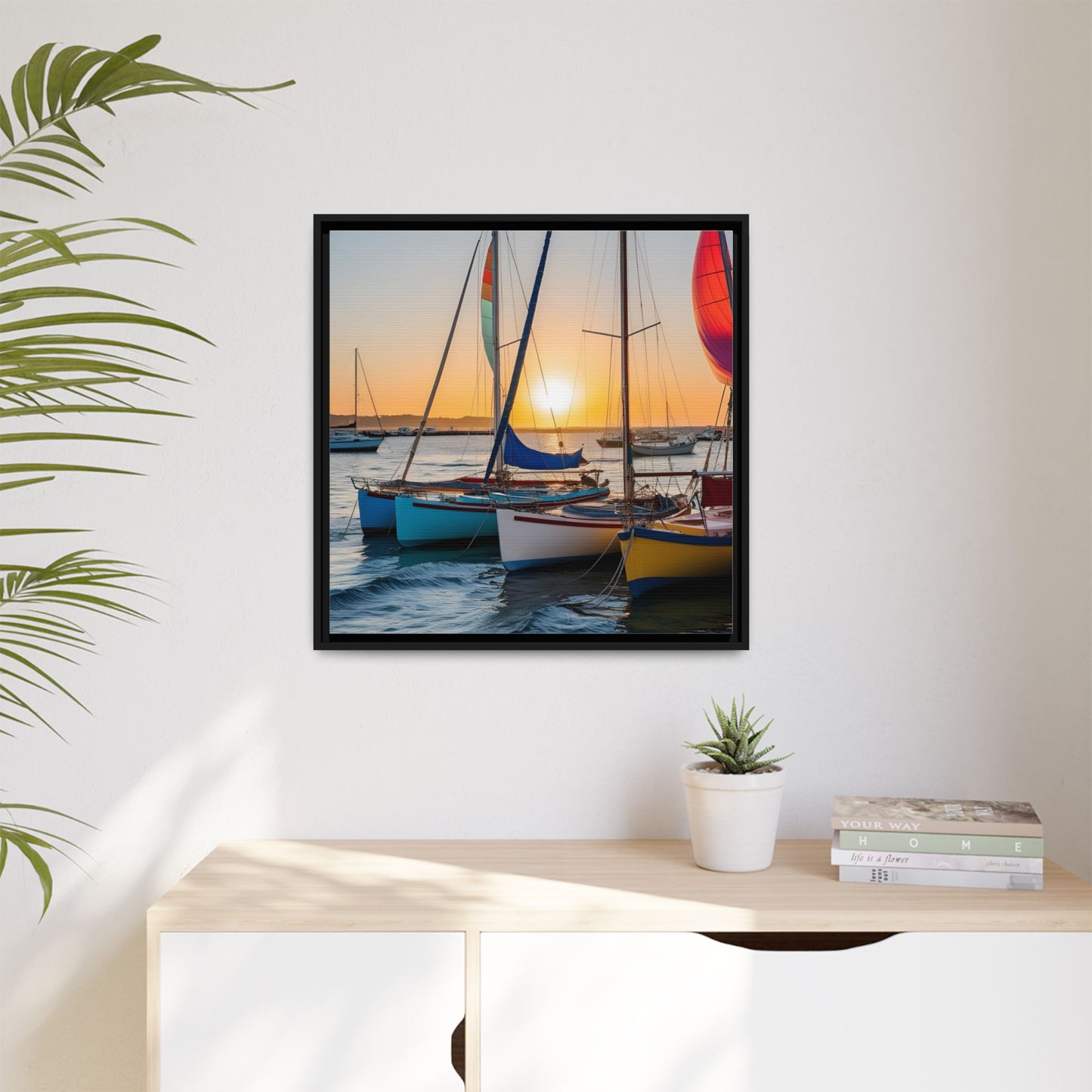 Sailboats at Sunset in Harbor Framed Canvas Wall Art Beach Lover Vacation Oceanic Gift Nature Lover Peaceful Zen Sunrise Art 3 frame colors