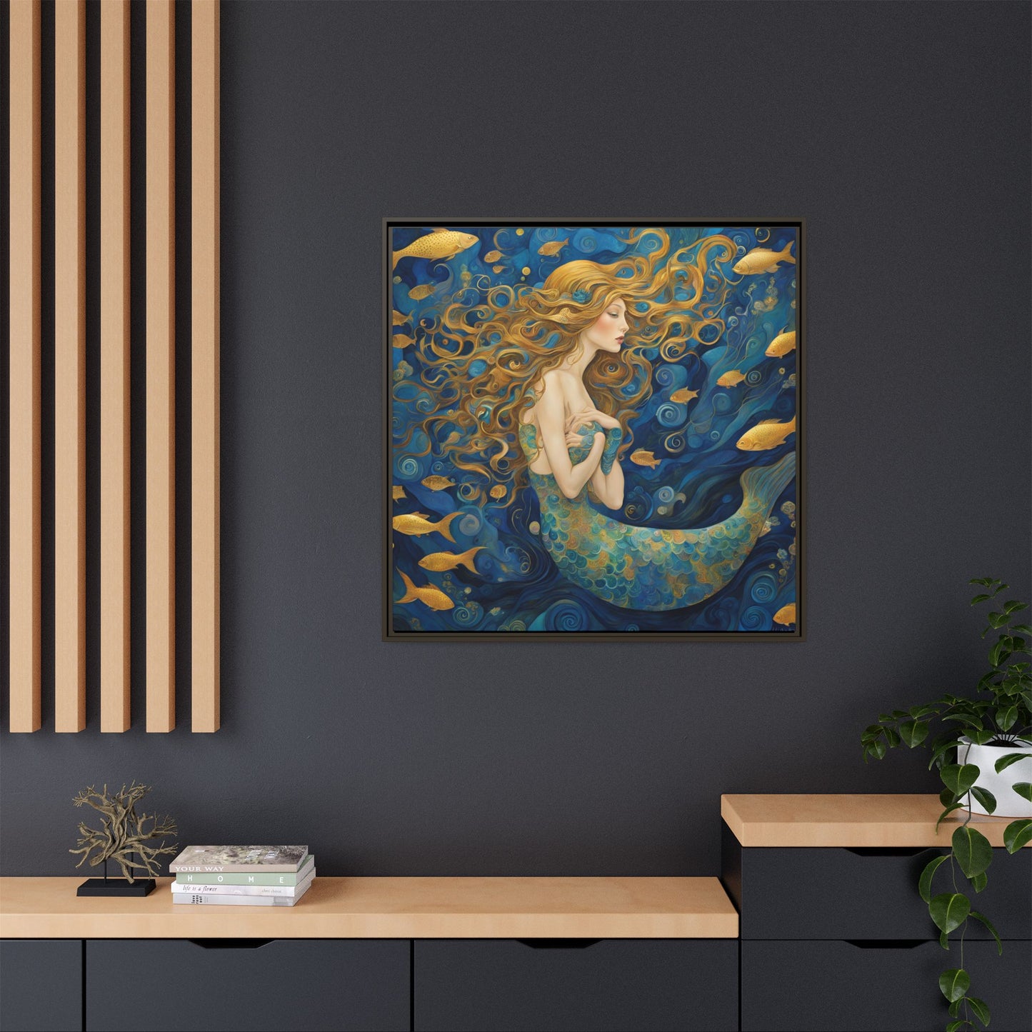 Modern Abstract Mermaid Design Unique Framed Canvas Oceanic Wall Art Underwater Gold Fish Anime Gift Nature Lover Gift 3 frame colors