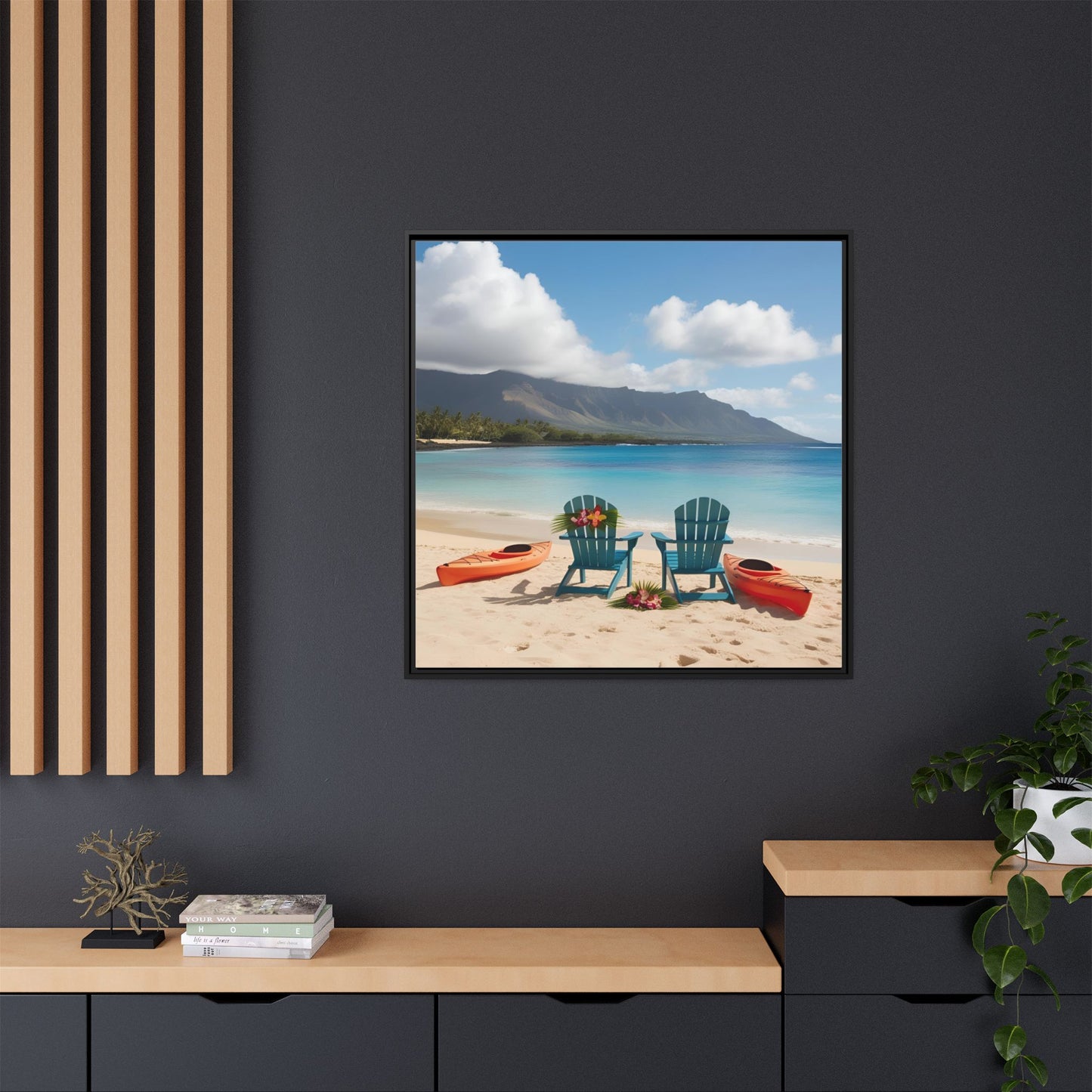 Chairs on the Beach Calm Sunny Day Framed Canvas Wall Art Beach Lover Vacation Oceanic Gift Nature Lover Peaceful Zen Gift 3 frame colors