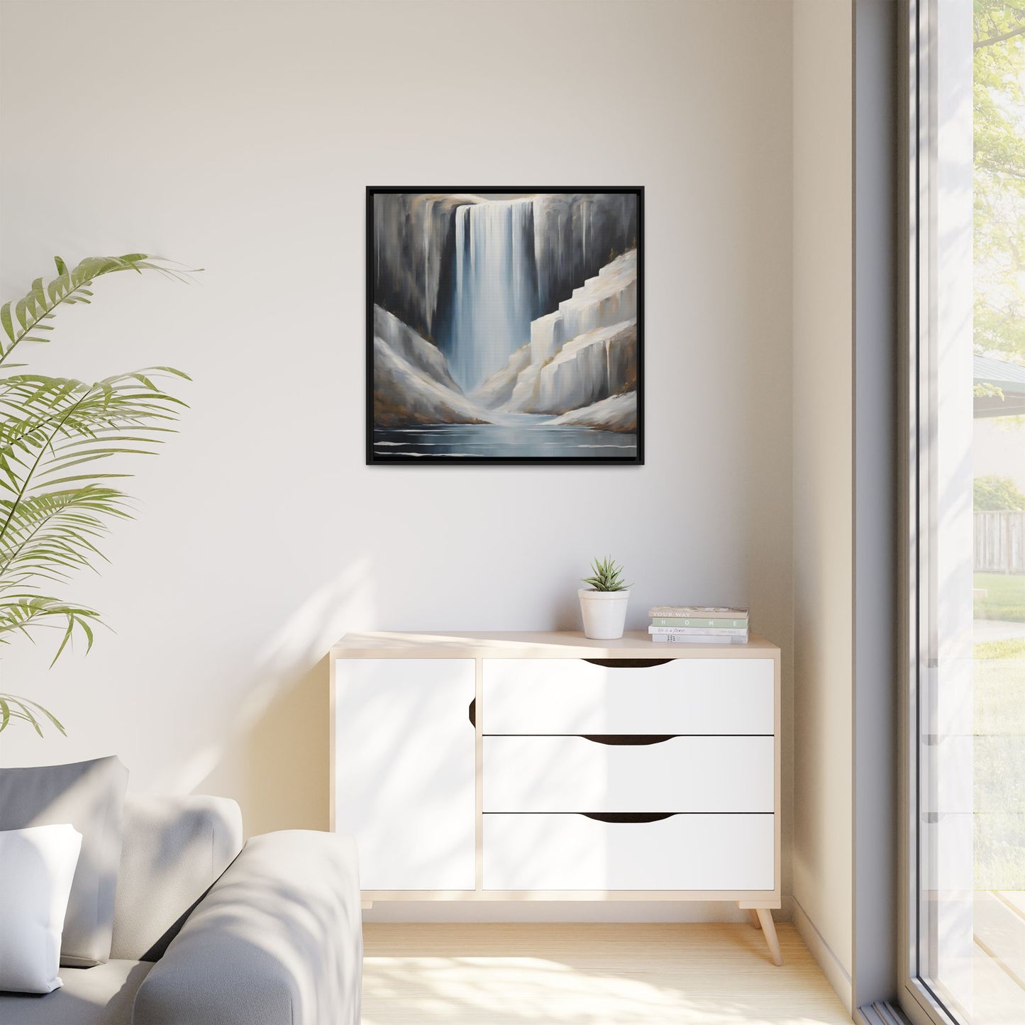 Modern Abstract Waterfall Design Unique Framed Canvas Wall Art Ocean Beach Gift Nature Lover Gift Mountain Landscape Gift 3 frame colors