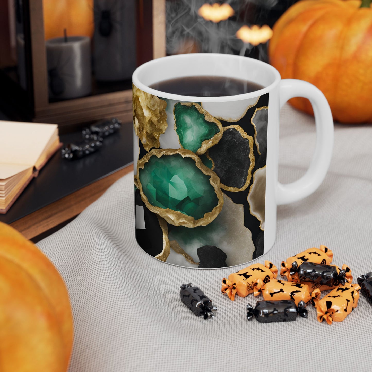 Black, White, Emerald Green and Gold Crystal Geode Design Coffee Tea Mug Boho Gemologist Gift Nature Lover Marble Rock Agate Geology Gift