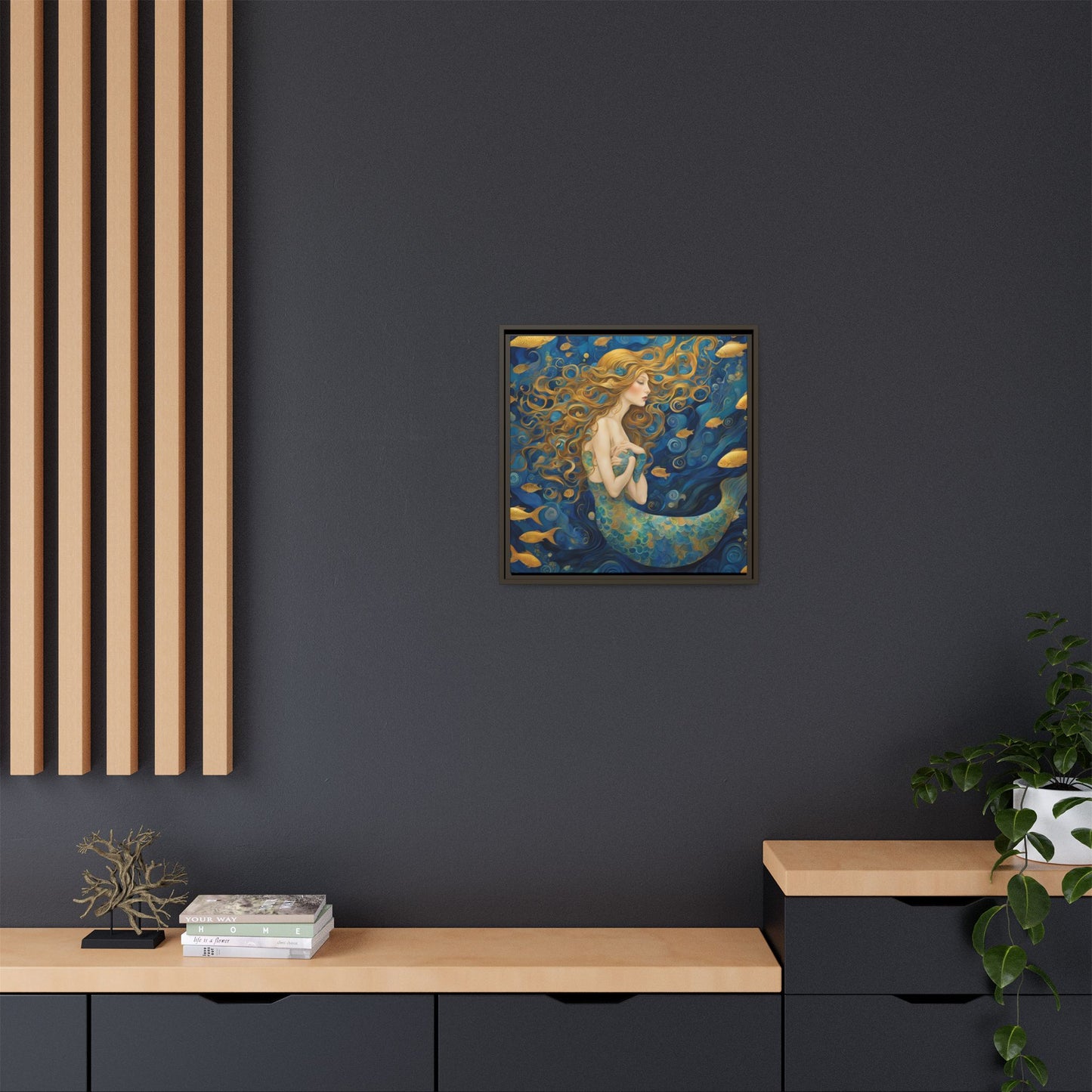 Modern Abstract Mermaid Design Unique Framed Canvas Oceanic Wall Art Underwater Gold Fish Anime Gift Nature Lover Gift 3 frame colors