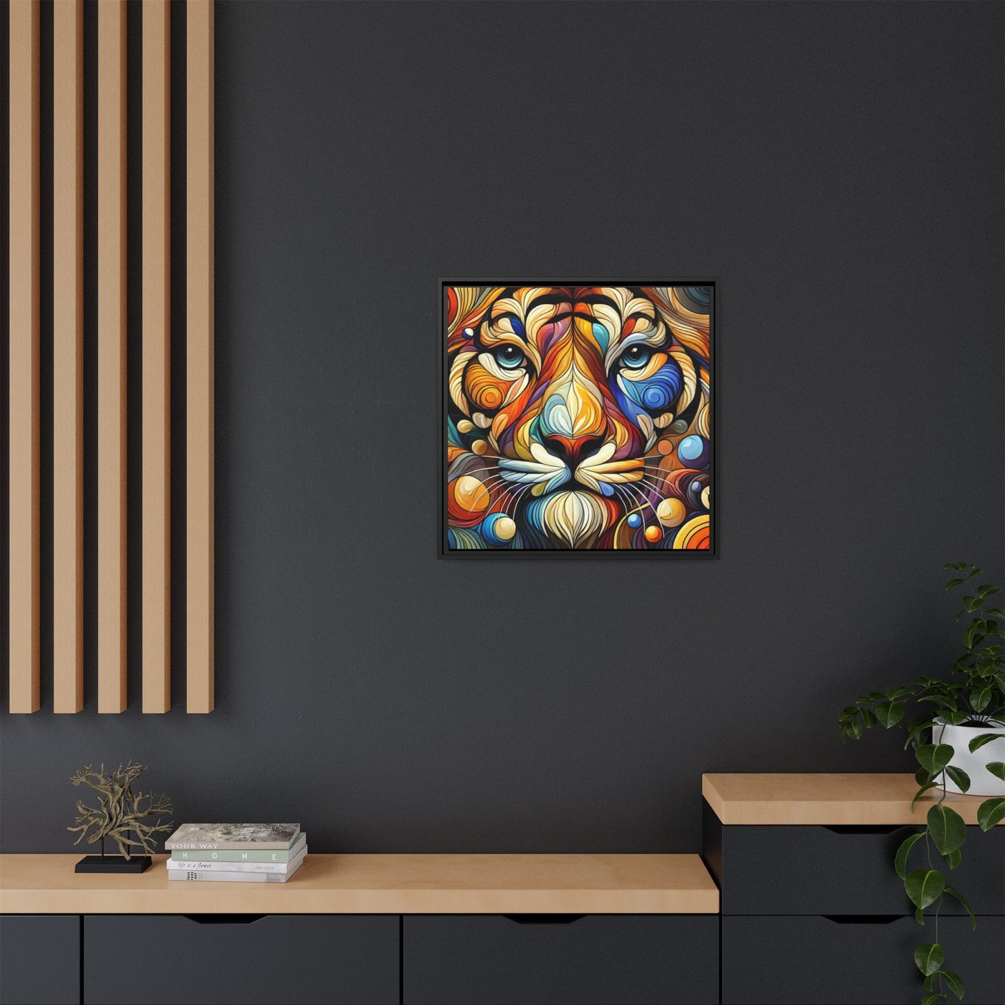 Modern Lion Face Print Abstract Design Unique Framed Canvas Print King of Jungle Wall Art Animal Lover Nature Lover Decor 3 frame colors