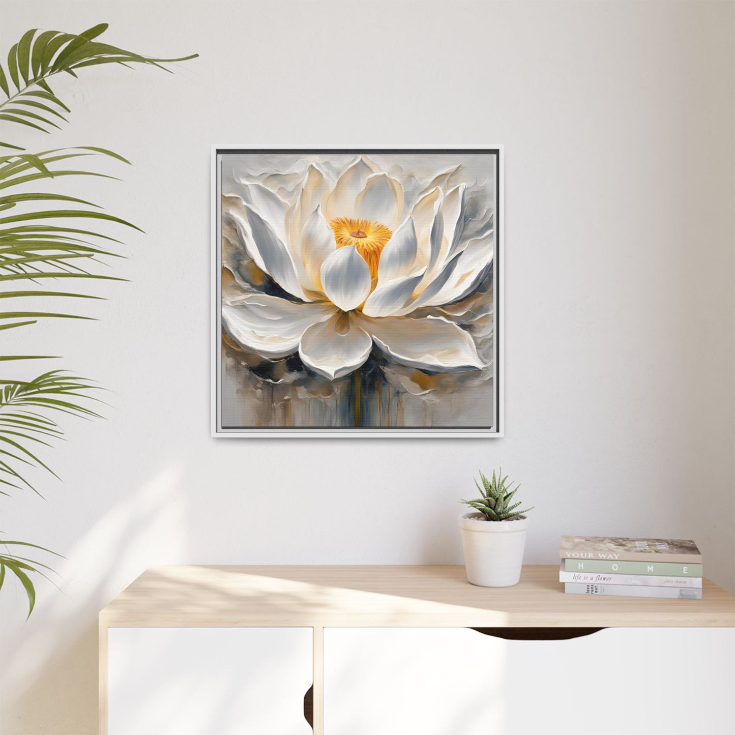 Modern Abstract Floral Design Unique Framed Canvas Wall Art White Lotus Gift Nature Lover Gift Garden Lover Gift 3 frame colors