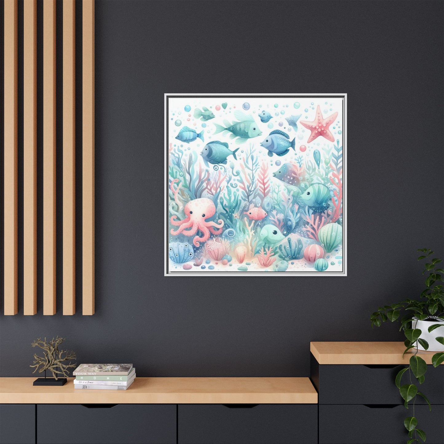 Whimsical Nursery Decor Pastel Underwater Design Unique Sweet Baby Room Framed Canvas Ocean Fish Print Unisex Baby Shower Octopus Gift