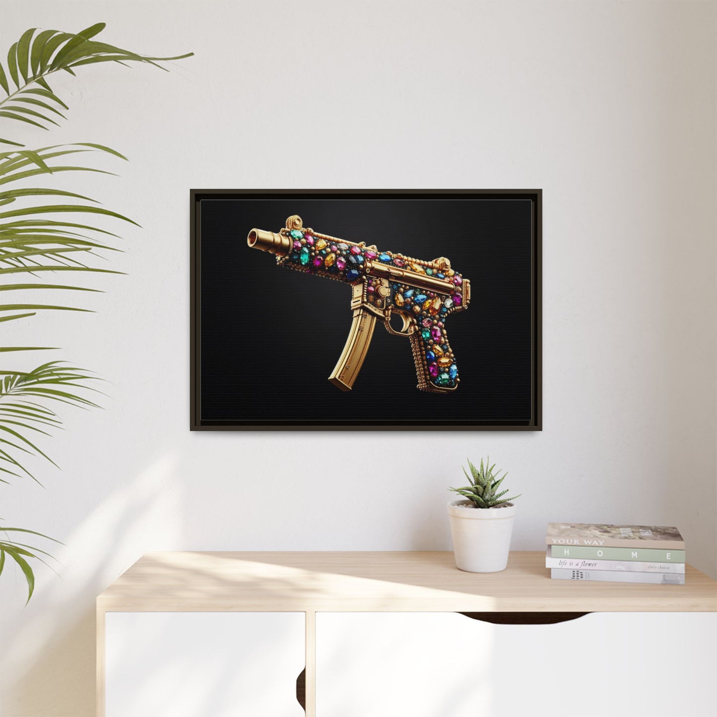 Bejeweled Machine Gun Print AI Design Unique Framed Canvas Print Wall Art Gun Lover Gift Edgy Glam Fantasy Weapon Decor 3 frame colors