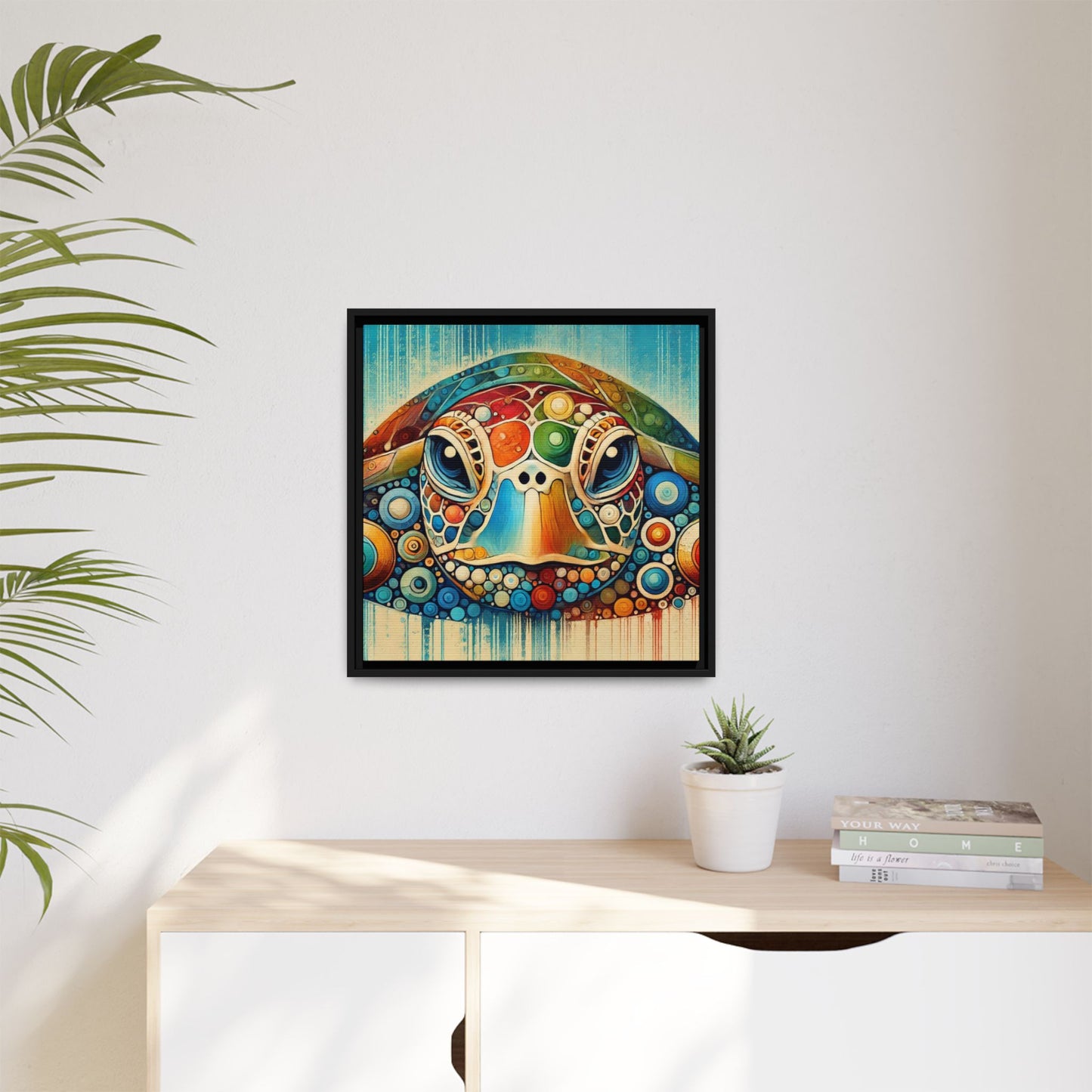 Modern Sea Turtle Print Abstract Design Unique Framed Canvas Print Oceanic Beachy Wall Art Animal Lover Nature Lover Decor 3 frame colors