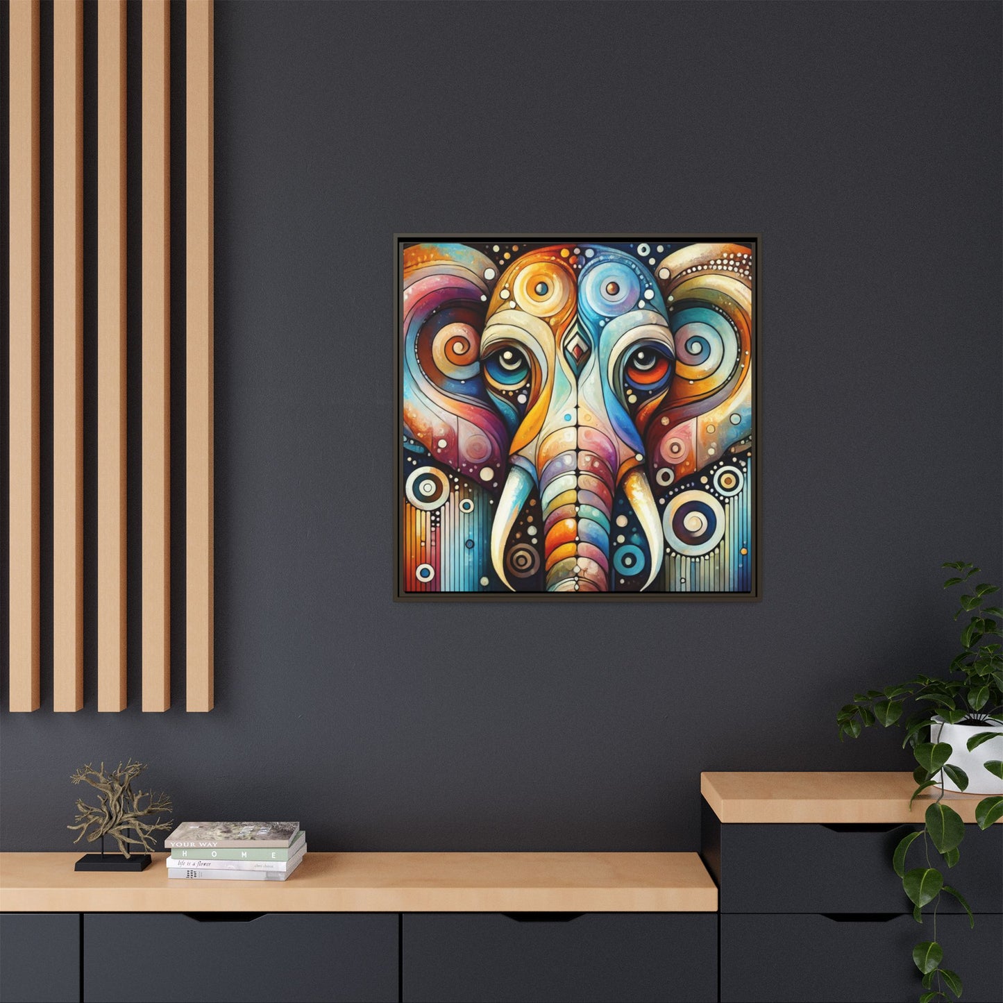 Modern Elephant Face Print Abstract Design Unique Framed Canvas Print African Wall Art Animal Lover Nature Lover Decor 3 frame colors