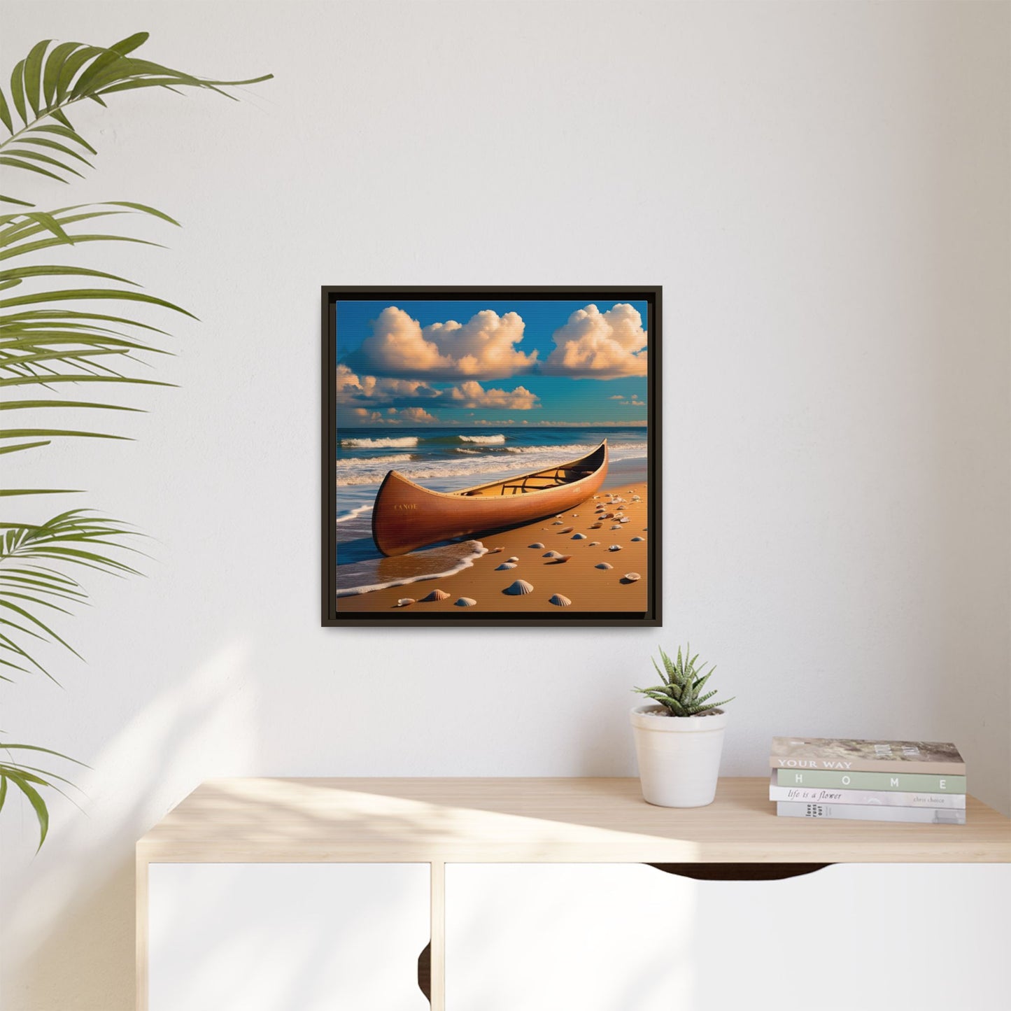 Canoe on the Beach Calm Sunny Day Framed Canvas Wall Art Beach Lover Vacation Oceanic Gift Nature Lover Peaceful Zen Gift 3 frame colors