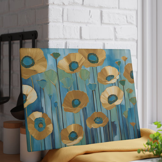 Kitchen Decor Glass Cutting Board Serving Tray with Field of Flowers Pattern Cutting Board Gift for Home Cook Charcuterie Board