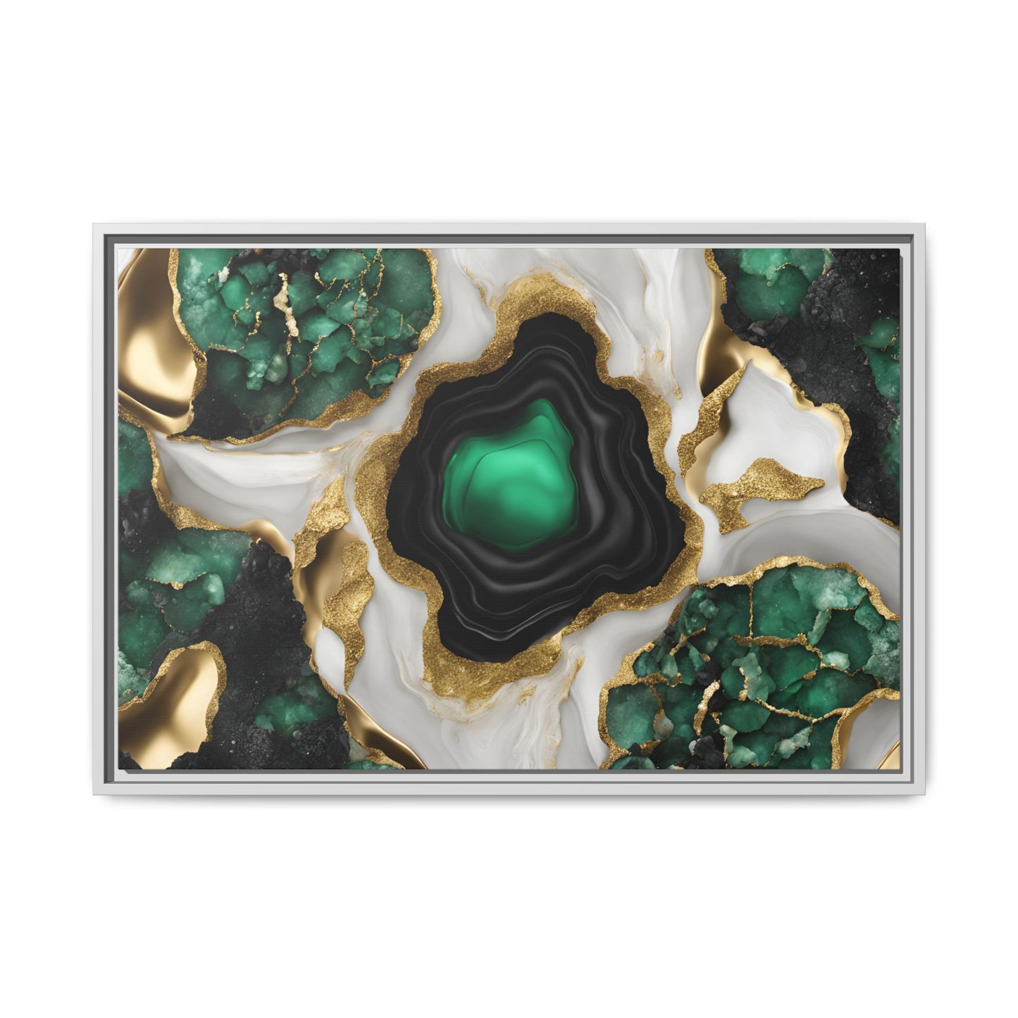 Emerald Green and Gold Quartz Crystal Design Print Matte Canvas Wall Art Nature Lover Gift Geology Rock Lover Gift 3 frame color choices