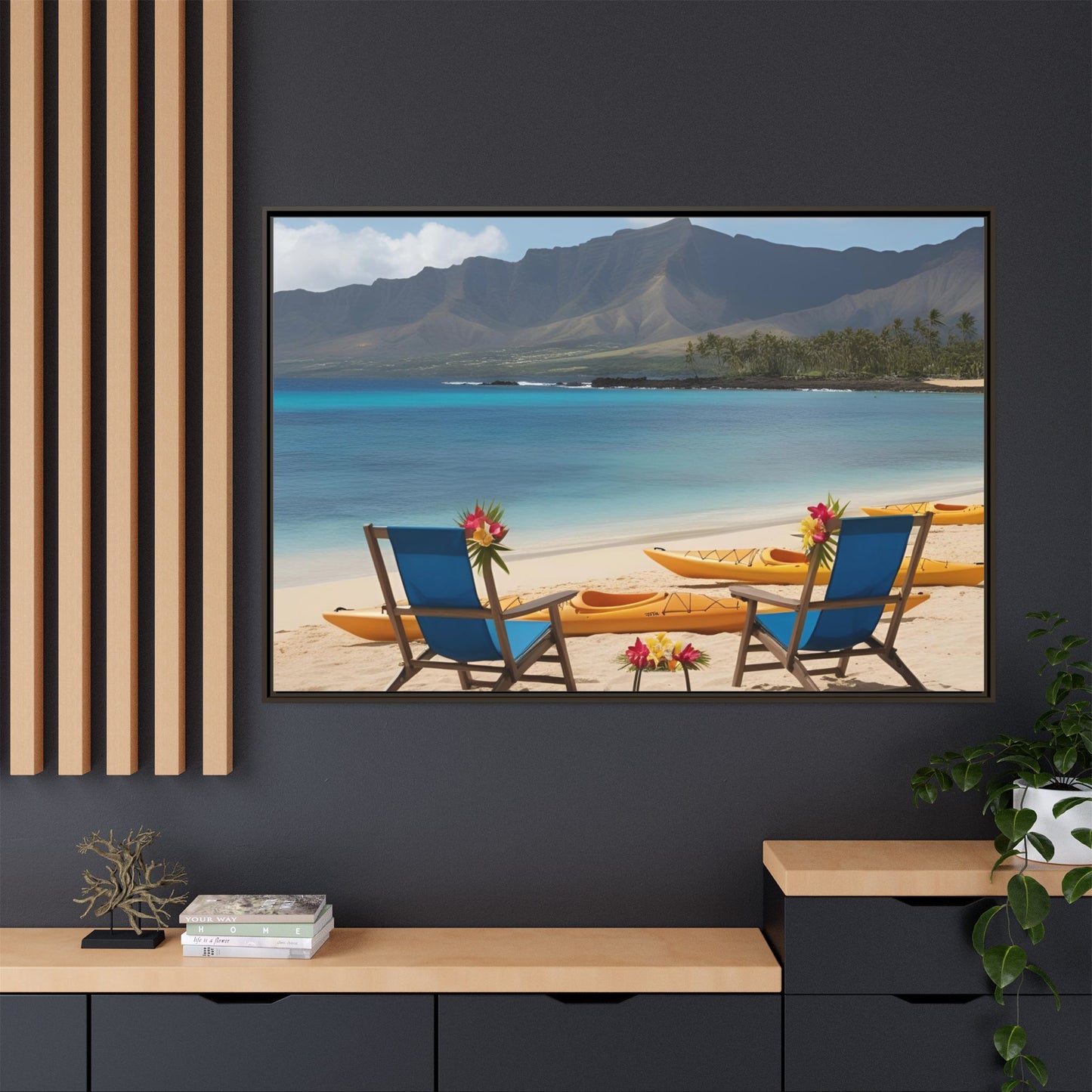 Chairs on the Beach Print Unique Framed Canvas Print Wall Art Gift Beachy Nature Lover Ocean Waves Hawaiian Vacation Decor 3 frame colors