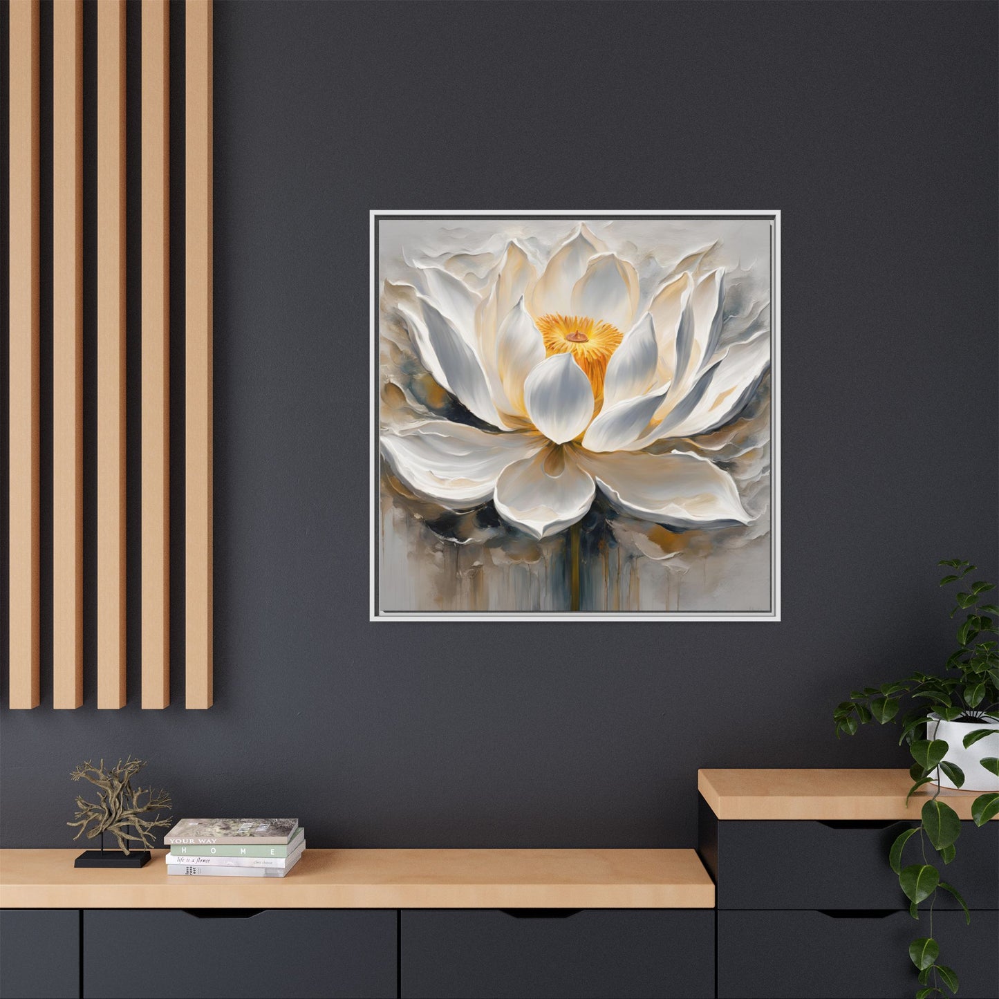 Modern Abstract Floral Design Unique Framed Canvas Wall Art White Lotus Gift Nature Lover Gift Garden Lover Gift 3 frame colors